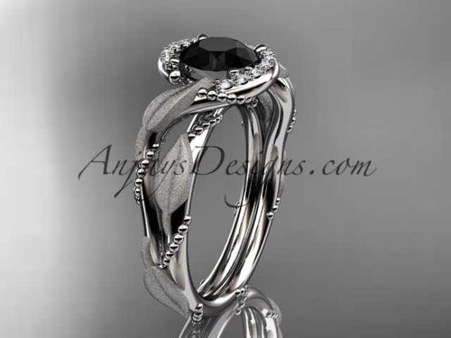 Incredible Leaf and Vine Black Diamond Wedding Ring, Platinum Halo Engagement Ring ADLR65