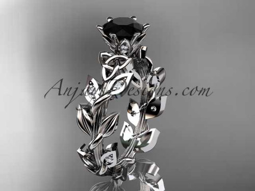 14kt white gold diamond celtic trinity knot wedding ring, bridal ring with a Black Diamond center stone CT7124