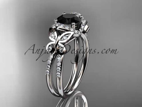 14kt white gold diamond butterfly wedding ring, engagement ring with a Black Diamond center stone ADLR141