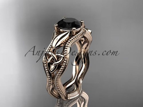 Rose Gold Celtic Wedding Ring, Black Diamond Leaf Engagement Ring CT7382