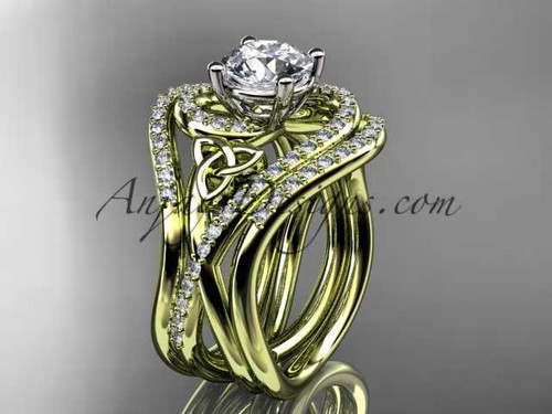 14kt yellow gold diamond celtic trinity knot wedding ring, engagement ring with double matching band CT7320S