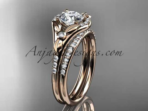 14kt rose gold diamond floral wedding ring, engagement set with a "Forever One" Moissanite center stone ADLR126S