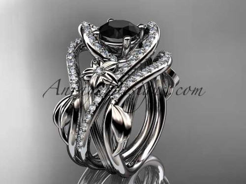 14kt white gold diamond leaf and vine engagement ring with Black Diamond center stone and double matching band ADLR369S 14kt white gold diamond leaf and vine engagement ring with Black Diamond center stone and double matching band ADLR369S