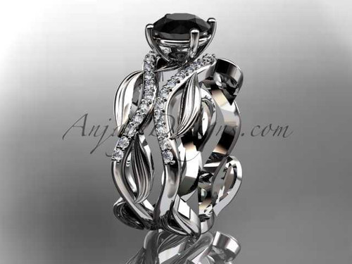 14kt white gold diamond leaf and vine wedding set, engagement set with a Black Diamond center stone ADLR264S