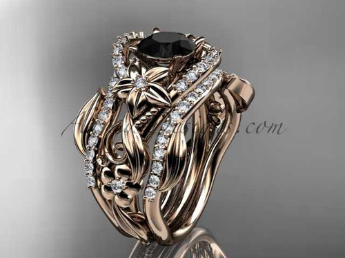 14kt rose gold diamond leaf and vine engagement ring with Black Diamond center stone and double matching band ADLR211S 14kt rose gold diamond leaf and vine engagement ring with Black Diamond center stone and double matching band ADLR211S