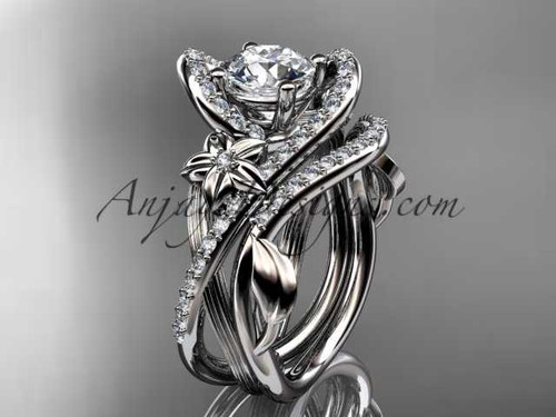platinum leaf and flower diamond unique engagement set, wedding ring with a "Forever One" Moissanite center stone ADLR369S