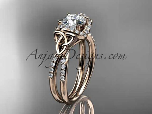 14kt rose gold diamond celtic trinity knot wedding ring, engagement ring with a "Forever One" Moissanite center stone CT7155