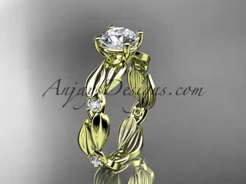 14kt yellow gold diamond leaf and vine wedding ring, engagement ring with "Forever One" Moissanite center stone ADLR58