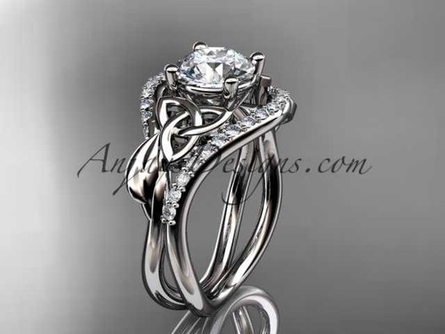 14kt white gold diamond celtic trinity knot wedding ring, engagement ring with a "Forever One" Moissanite center stone CT7244
