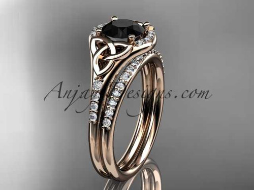 14kt rose gold diamond celtic trinity knot wedding ring, engagement set with a Black Diamond center stone CT7126S