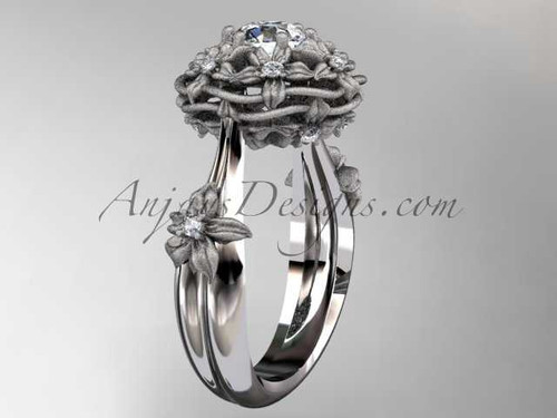 14kt white gold diamond floral, leaf and vine \"Basket of Love\" ring with a "Forever One" Moissanite center stone ADLR94 nature inspired jewelry