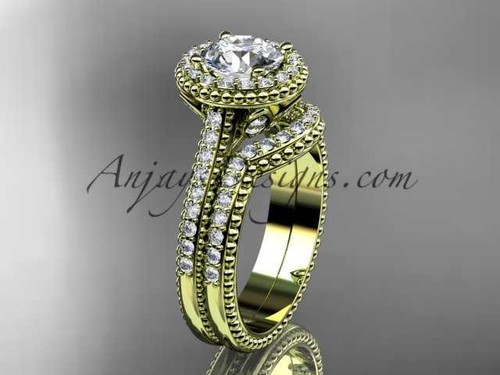 Stunning Halo Diamond Bridal Set, 14kt Yellow Gold Moissanite Wedding Ring ADLR101S