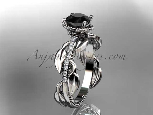 Unique 14k white gold diamond leaf and vine diamond engagement ring with a Black Diamond center stone ADLR231