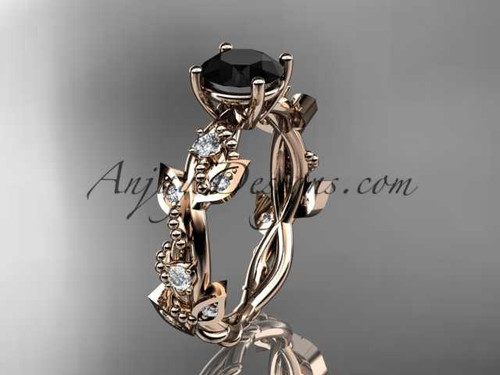 14kt rose gold diamond leaf and vine wedding ring, engagement ring with Black Diamond center stone ADLR59