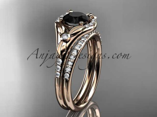 14kt rose gold diamond floral wedding ring, engagement set with a Black Diamond center stone ADLR126S
