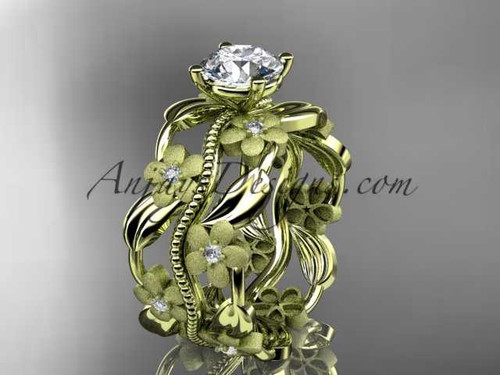 14kt yellow gold diamond leaf and vine wedding ring, engagement ring with a "Forever One" Moissanite center stone ADLR188