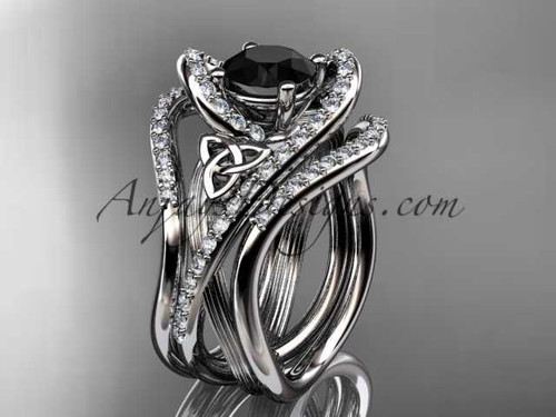 platinum diamond celtic trinity knot wedding ring, engagement ring with a Black Diamond center stone and double matching band CT7369S