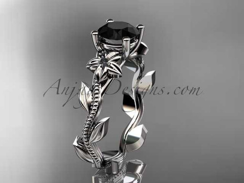 Unique platinum diamond flower, leaf and vine wedding ring, engagement ring with a Black Diamond center stone ADLR238