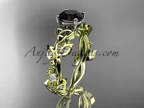 14kt yellow gold celtic trinity knot engagement ring, wedding ring with a Black Diamond center stone CT759