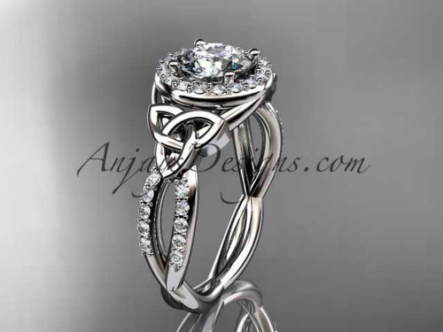platinum diamond celtic trinity knot wedding ring, engagement ring with a "Forever One" Moissanite center stone CT7127
