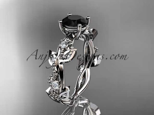 14kt white gold diamond leaf and vine wedding ring, engagement ring with Black Diamond center stone ADLR59
