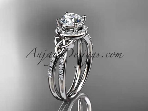14kt white gold diamond celtic trinity knot wedding ring, engagement ring with a "Forever One" Moissanite center stone CT7373 14kt white gold diamond celtic trinity knot wedding ring, engagement ring with a "Forever One" Moissanite center stone CT7373