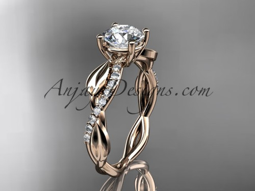 14kt rose gold leaf  diamond wedding ring, engagement ring with a "Forever One" Moissanite center stone ADLR385