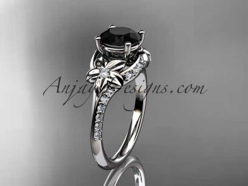 14kt white gold diamond floral wedding ring, engagement ring with a Black Diamond center stone ADLR125