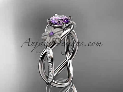 14kt white gold diamond leaf and vine birthstone ring ADLR90 Amathyst - February\'s Birthstone
