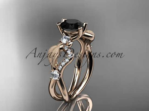 14kt rose gold diamond leaf and vine wedding ring, engagement ring with Black Diamond center stone ADLR68