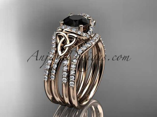 14kt rose gold diamond celtic trinity knot wedding ring, engagement ring with a Black Diamond center stone and double matching band CT7155S