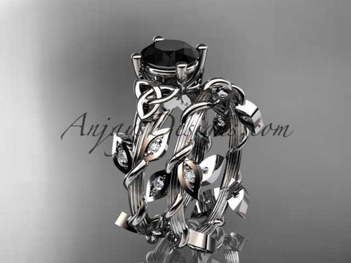 14kt white gold diamond celtic trinity knot wedding ring, engagement ring with a Black Diamond center stone CT7215S
