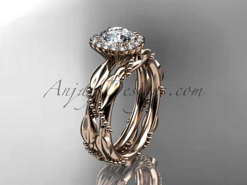 14kt rose gold diamond leaf and vine wedding set, engagement set with a "Forever One" Moissanite center stone ADLR337