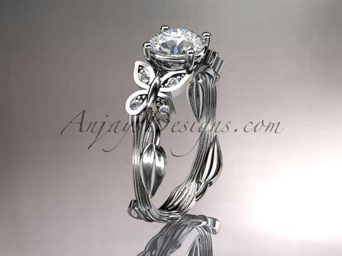 Platinum diamond leaf and vine wedding ring, engagement ring with a "Forever One" Moissanite center stone ADLR251