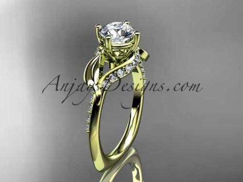 Unique 14k yellow gold diamond leaf and vine wedding ring, engagement ring with a "Forever One" Moissanite center stone ADLR225