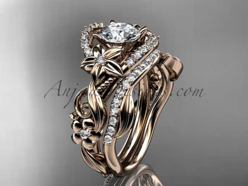 14kt rose gold diamond unique flower, leaf and vine engagement set with a "Forever One" Moissanite center stone ADLR211S