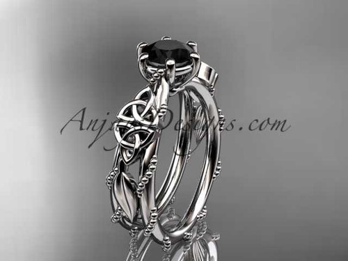 14kt white gold celtic trinity knot engagement ring , wedding ring with a Black Diamond center stone CT766