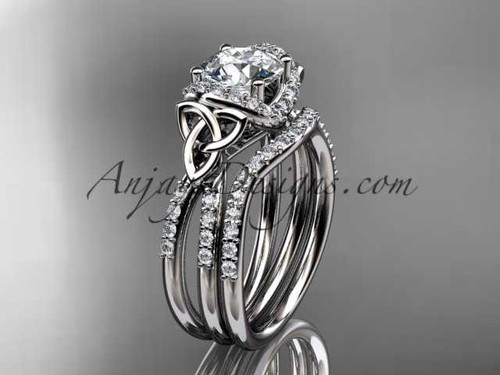 14kt white gold diamond celtic trinity knot wedding ring, engagement set with a "Forever One" Moissanite center stone CT7155S