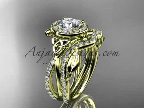 14kt yellow gold celtic trinity knot engagement set, wedding ring with a "Forever One" Moissanite center stone CT789S