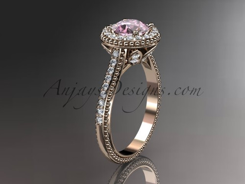 14kt rose gold diamond floral wedding ring, engagement ring with pink topaz center stone ADLR101