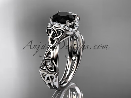 14kt white gold diamond celtic trinity knot wedding ring, engagement ring with a Black Diamond center stone CT7289