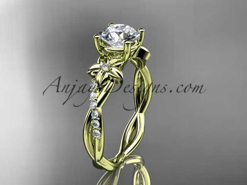 14kt yellow gold flower diamond wedding ring, engagement ring with a "Forever One" Moissanite center stone ADLR388