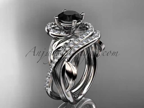 Exquisite Leaf and Vine Wedding Set, Black Diamond Engagement Ring with Stacking Diamond Ring ADLR222S