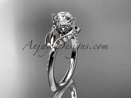 Unique Platinum diamond leaf and vine wedding ring, engagement ring with a "Forever One" Moissanite center stone ADLR225