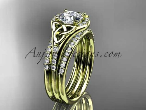 14kt yellow gold diamond celtic trinity knot wedding ring, engagement ring with a double matching band CT7126S