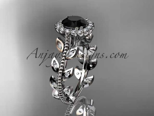 14k white gold diamond leaf and vine wedding ring, engagement ring with a Black Diamond center stone ADLR118