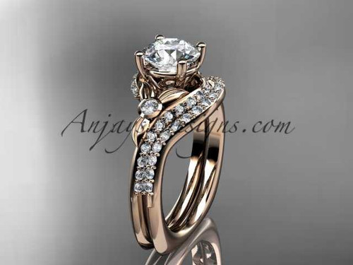 14kt rose gold diamond leaf and vine engagement ring set with a "Forever One" Moissanite center stone ADLR112S