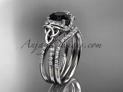 platinum diamond celtic trinity knot wedding ring, engagement set with a Black Diamond center stone CT7155S
