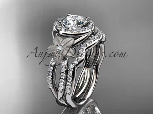 platinum diamond floral wedding ring, engagement set with a "Forever One" Moissanite center stone ADLR127S