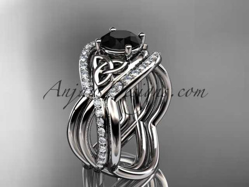 14kt white gold celtic trinity knot engagement ring, wedding ring with a Black Diamond center stone and double matching band CT790S